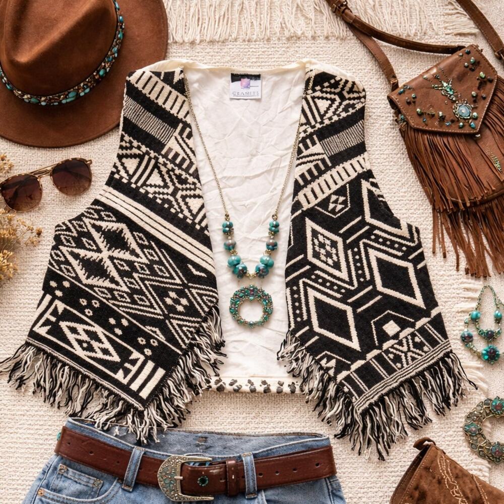 Vintage Made In USA Aztec Fringe Vest Cotton Tapestry Southwestern One Size Chic